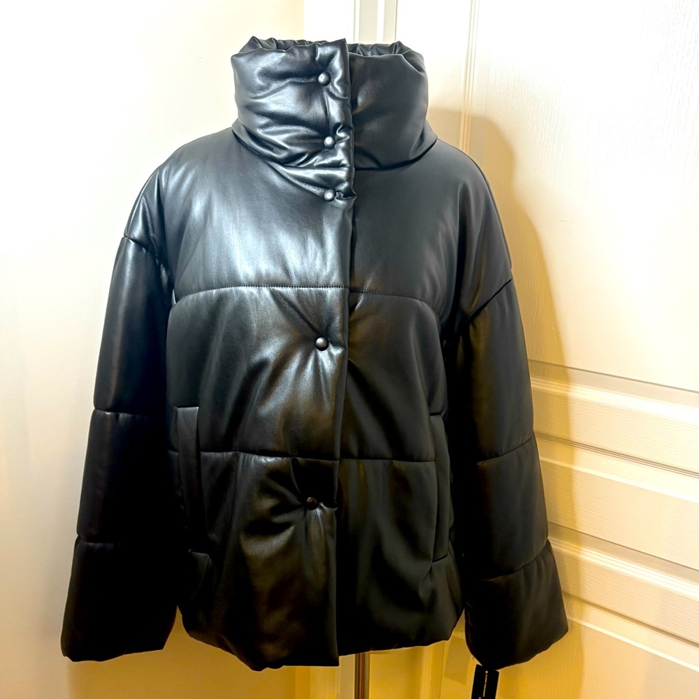 INC Black Faux Leather Bomber Jacket